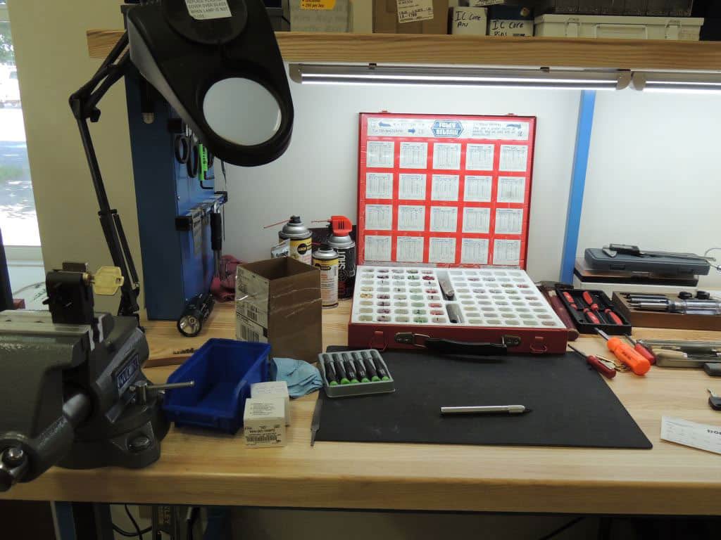 Key cutting bench and tools in the workshop